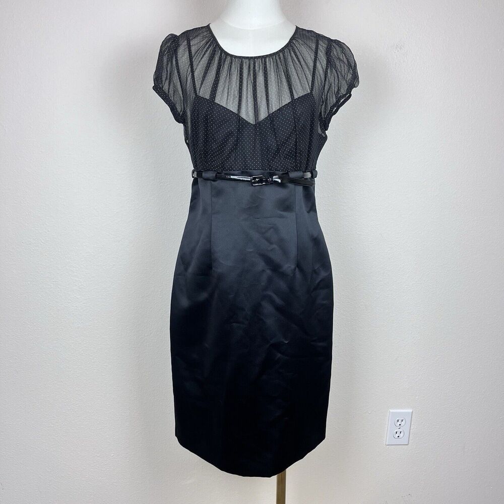 Tahari Arthur S Levine Dress Womens Six Petite Pencil Silk Polka Dot Satin Black